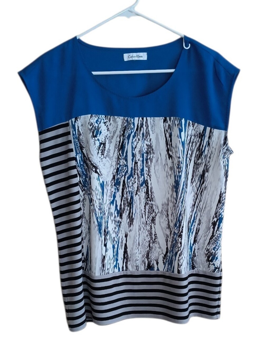 Calvin Klein Blue, White & Black Mixed-Print Cap Sleeve Tunic/Blouse - Picture 1 of 6